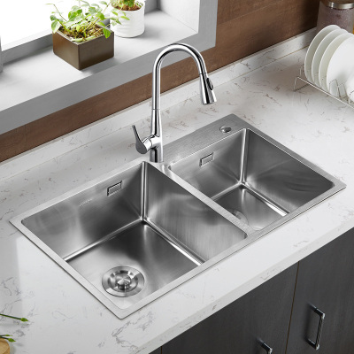 jomoo九牧 厨房洗菜盆加厚双槽水槽龙头套餐厨房304不锈钢洗碗池 手工