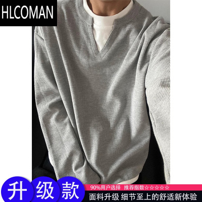 HLCOMAN灰色假长袖t恤男潮牌美式复古加绒圆领卫衣v领内搭打底衫
