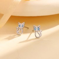 s925银蓝眼睛猫咪耳钉女韩版甜美萌系可爱小猫耳环精致小众耳饰送女朋友老婆情人节七夕生日礼物