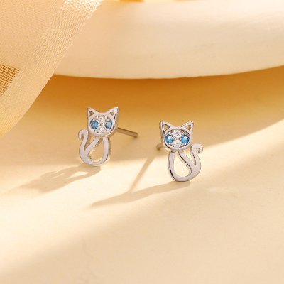 s925银蓝眼睛猫咪耳钉女韩版甜美萌系可爱小猫耳环精致小众耳饰送女朋友老婆情人节七夕生日礼物
