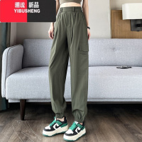 YIBUSHENG美式高腰绿色工装裤女薄款2024新款宽松休闲直筒阔腿裤西装裤子