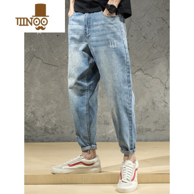 YANXU夏季潮牌直筒休闲牛仔裤男宽松大码男款锥形小脚男士九分哈伦裤子