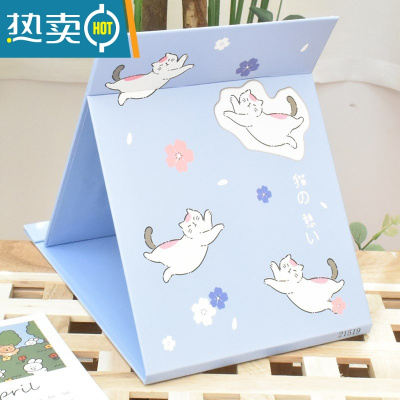 敬平小镜子ins风女心折叠小学生宿舍便携桌面可立台式大号梳妆化妆镜 浅蓝樱花猫-678便携式用镜