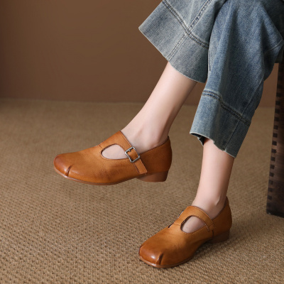 头层牛皮单鞋女2026春季新款真皮百搭复古透气手工平底圆头休闲