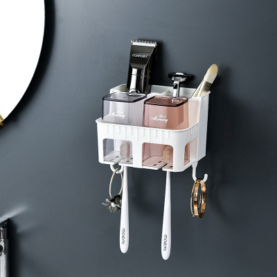 免打孔吸壁式牙刷架洗漱杯套装卫生间漱口杯创意洗漱台浴室置物架高丞牙刷架2口（带2个杯子）