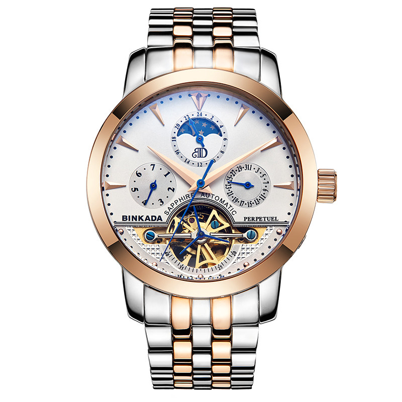 宾卡达binkada手表男士自动机械表 男士钢带时尚镂空防水陀飞轮男表