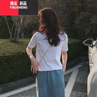 YIBUSHENG黑色正肩女短袖T恤季百搭宽松体恤上衣圆领春秋内搭打底衫