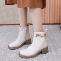 圆头粗跟短靴女24冬季新款时装短靴中跟侧拉链靴真皮百搭短筒靴女