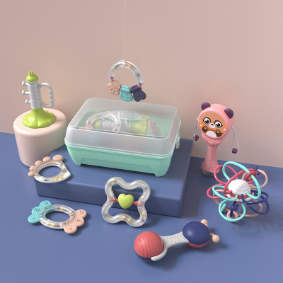 儿手摇铃玩具初生婴儿早教宝宝8安抚可咬1岁牙胶0-3个月6贵族系6件-收纳装-水煮摇铃+牙胶手抓球+音乐波浪鼓