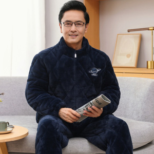 冬季睡衣男拉链立领长袖法兰绒夹棉保暖外穿中老年爸爸珊瑚绒睡衣