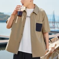[1.5折价56元]唐狮夏季新款男衬衫贴袋翻领短袖衬衫男休闲宽松男士衬衣复古