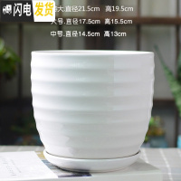 三维工匠北欧简约花盆陶瓷大号带托盘白色绿萝盆栽室内多肉盆 梯形亮光白圈纹 中等花盆容器