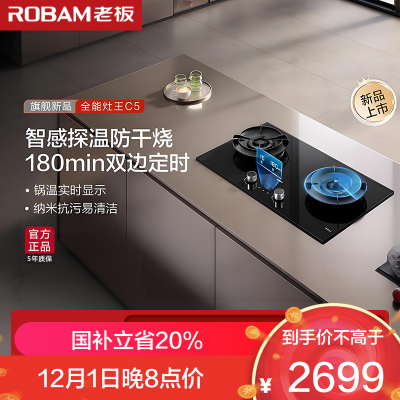 老板(Robam)灶具58B9A-C5 嵌入式双灶 一级能效5.2kW双边定时防干烧 可调节尺寸 天然气 升级款C5
