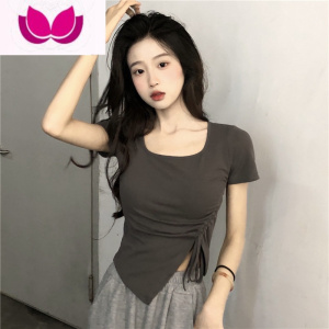 七斓时尚辣妹短款T恤女夏季2023新款修身抽绳不规则设计感短袖上衣潮 灰色 均码