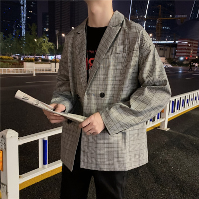 梵克公牛港风季chic格子小西装流韩版宽松西服帅气休ins闲男士外套灰色