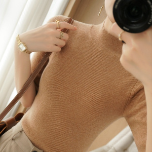 简约气质中袖上衣女修身半高领针织短袖中领半袖黑色五分袖打底衫