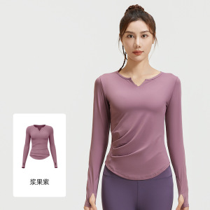 V领长袖裸感瑜伽服褶皱收腰显瘦紧身运动健身上衣