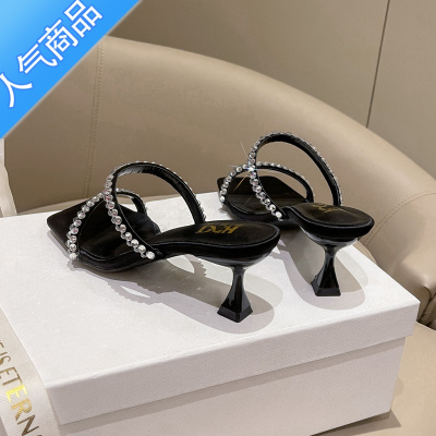SUNTEK2023年夏新款方头黑色水钻一字带凉鞋女5cm猫跟细跟高跟凉拖外穿