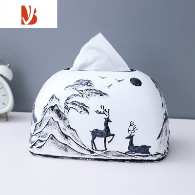 三维工匠抽纸巾盒家居装饰新中式轻奢现代简约客餐厅家用桌面创意陶瓷摆件 黑白配