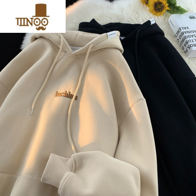 YANXU美式复古卫衣男秋季青少年字母刺绣套头上衣潮牌宽松休闲连帽外套