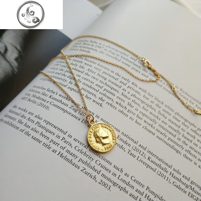 纯银硬币项链女冷淡风潮网红金币钱币锁骨链复古人像圆牌毛衣链 JiMi