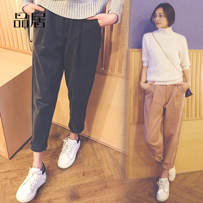 灯芯绒女裤2018秋冬新款韩版宽松小脚哈伦裤九分裤休闲条绒长裤子