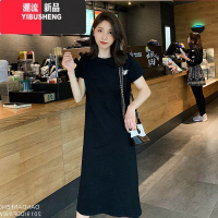 YIBUSHENG休闲黑色连衣裙女2024季新款韩版宽松显瘦减龄中长款短袖t恤裙