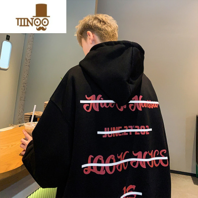 YANXU连帽卫衣男秋季美式潮牌印花青少年百搭潮流宽松休闲外套上衣