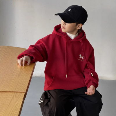 男童春秋款卫衣2026新款中大童春装儿童本命马年春季红色连帽上衣
