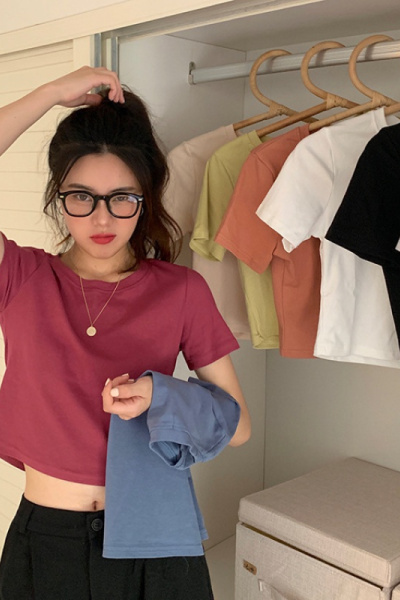 糖果色短款圆领短袖T恤女夏装韩版宽松女士衣服外贸女装上衣