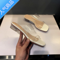SUNTEK2023夏季新款网红一字带透明平底凉鞋女中跟粗跟水晶跟凉拖鞋外穿