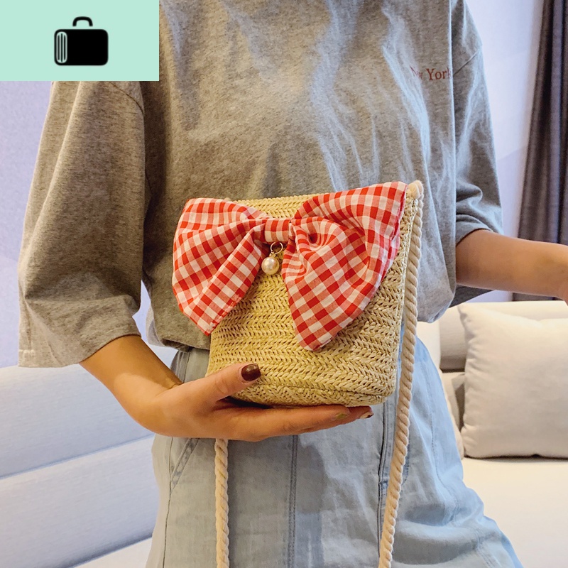 少女单肩小包包女2020夏季新款潮韩版百搭斜挎包蝴蝶结编水桶包NEW LAKE女斜挎包