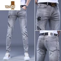 YANXU高端浅灰色印花烫钻牛仔裤男夏季薄款潮流修身小脚长裤子男士