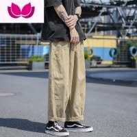 七斓卡其色日系工装裤子男款夏季宽松直筒阔腿裤港风潮牌复古休闲长裤