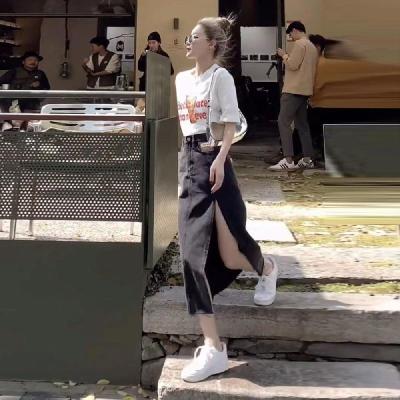 气质高腰开叉中长牛仔裙2021新款韩版大码显瘦黑色a字裙珊诗丽