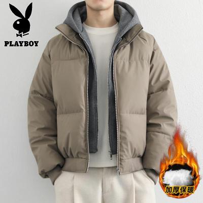 花花公子新款高品质秋冬青少年加厚PU棉衣男港风假两件棉服