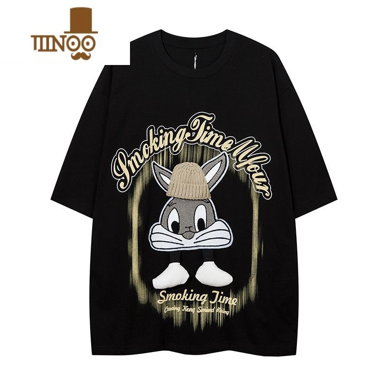 YANXU夏季美式潮牌男女设计感立体兔子印花嘻哈感宽松段短袖T