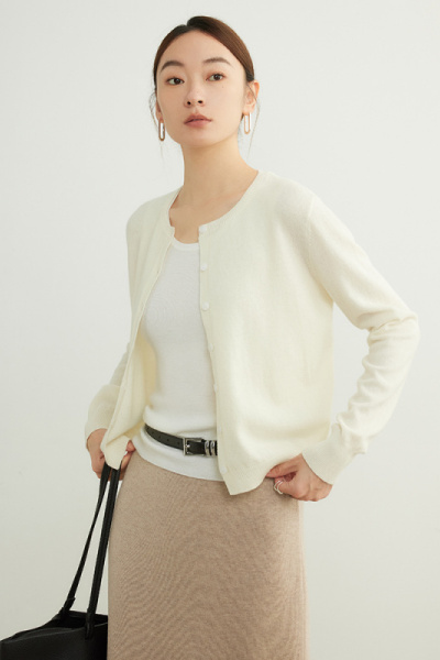 基础款100羊毛开衫女装圆领宽松针织衫25春季新款多色百搭毛衣女