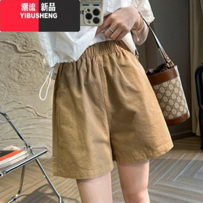 YIBUSHENG卡其短裤女2024新款季小个子高腰休闲宽松运动a字裤子阔腿三分
