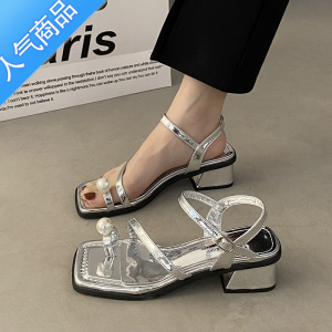 SUNTEK清冷多巴胺~蝴蝶结粗跟露趾银色凉鞋女2023夏新一字扣带低跟凉拖