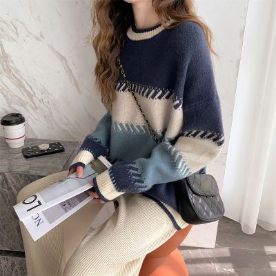 [3件8.5折110.4元,叠加优惠券]唐狮新款女毛衣秋冬慵懒风休闲宽松拼色毛衫百搭圆领毛衣PO