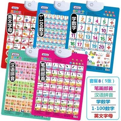 幼儿童早教有声挂图笔画偏旁部首卡片宝宝语音学汉语拼音看图跟读套餐8（5张）