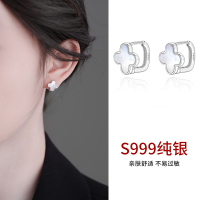 999纯银四叶草耳钉女耳环贝母养耳洞耳圈高级感耳扣冷淡风耳饰品送女朋友老婆情人节七夕生日礼物