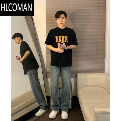 HLCOMAN发泡字母印花短袖男夏季新款潮流落肩五分袖高级感小领口t恤