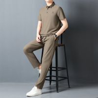 2025夏季男士短袖长裤新款中青年休闲纯色翻领POLO衫套装一套