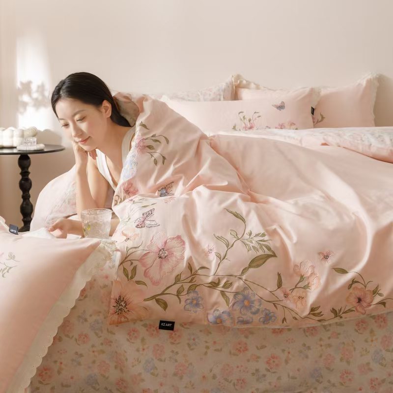 轻奢刺绣款四件套纯棉斜纹小清新印花床单床笠款床上用品套件