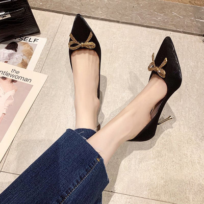 述雅红色绸缎高跟鞋女细跟2021年春季新款婚鞋水钻蝴蝶结尖头新娘单鞋