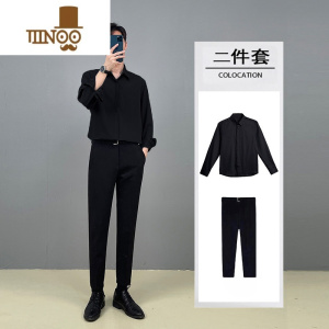 YANXU黑色衬衫男长袖感痞帅潮轻熟风休闲套装痞帅白dk垂感衬衣