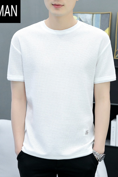 HLCOMAN短袖t恤男夏装日系简约纯色休闲体恤宽松潮流修身华夫格衣服夏季
