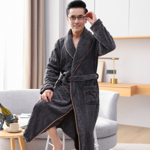 法兰绒睡袍男秋冬加绒加厚冬天中长款加大码保暖珊瑚绒浴袍家居服